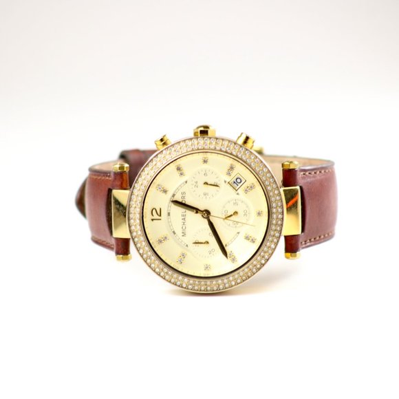 LIKE NEW!! Michael Kors watch in gold mahogany genuine leather